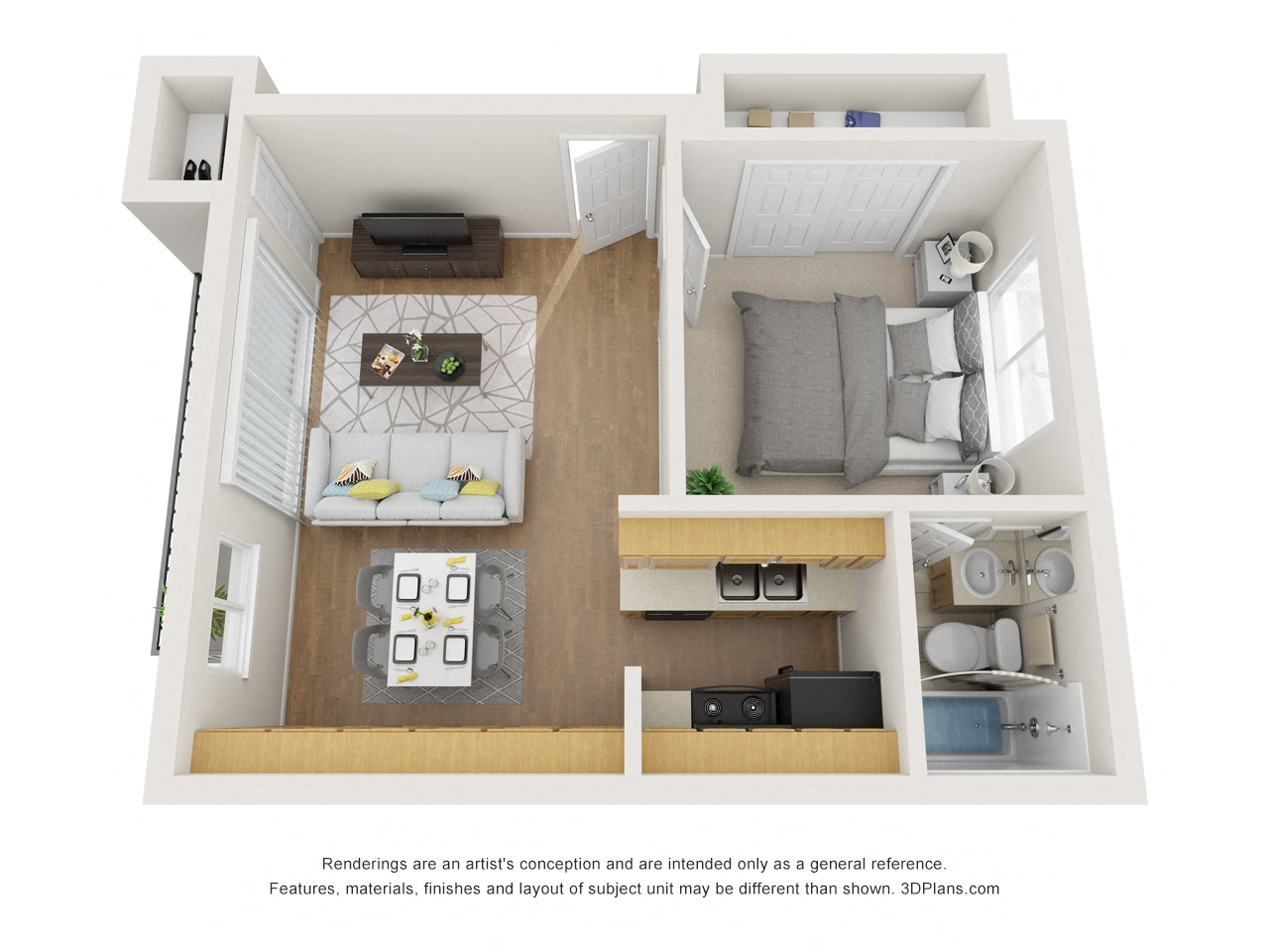 Floor plan for 1 bed, 1 bath, 414 sqft